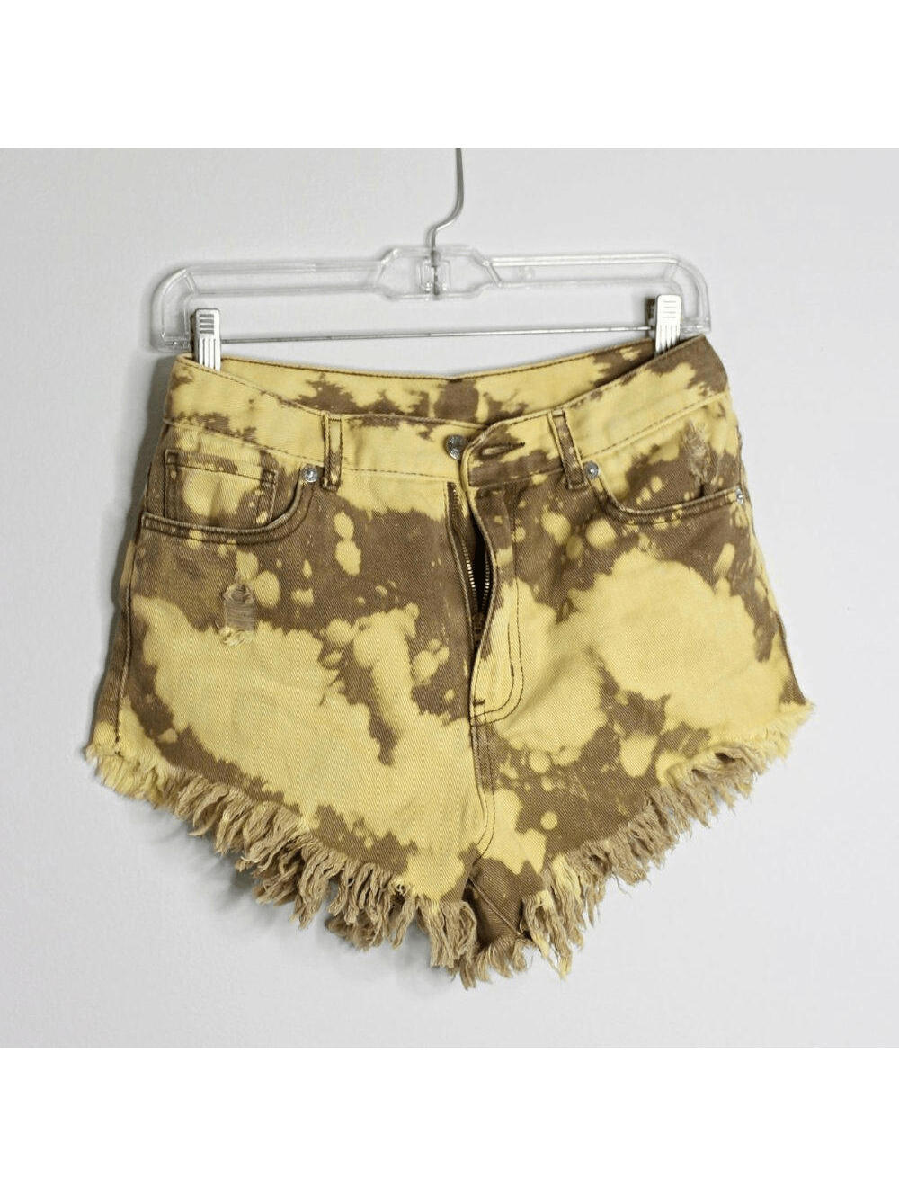 NWOT High Waisted Acid Wash Distressed Cowgirl Brown Yellow Denim Shorts - 28
